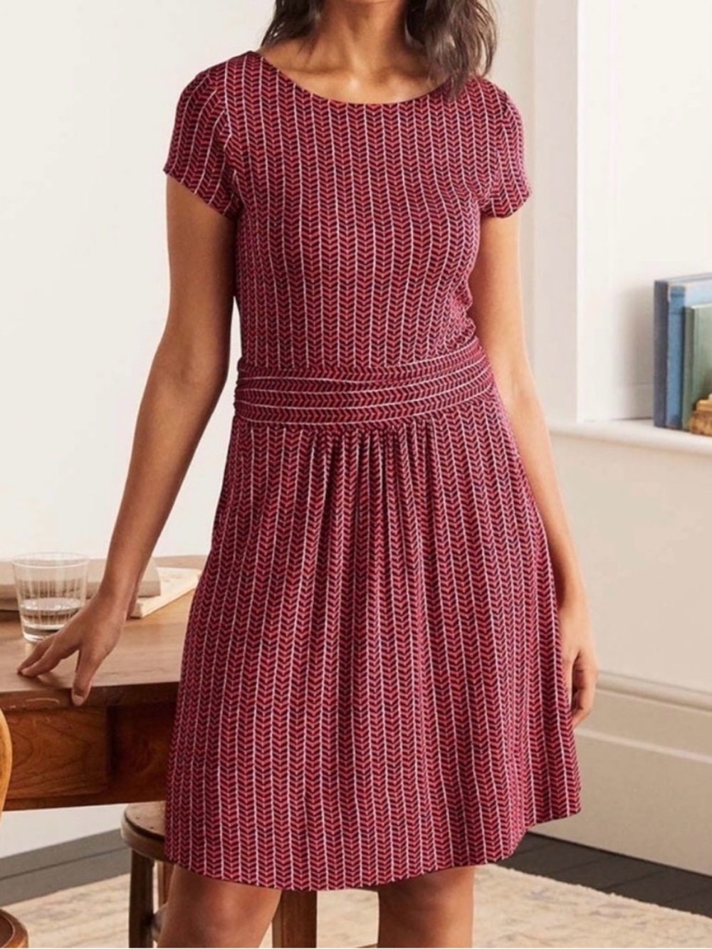 Boden Burgundy Patterned Short Sleeve Mini Dress